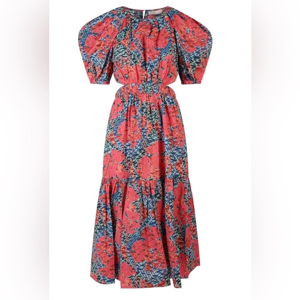 Ulla Johnson Coral and Blue Asymmetrical Floral Midi Dress - Picture 3 of 16